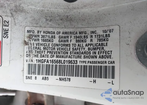 2008 Honda Civic Lx z USA, uszkodzony, nr VIN 1HGFA16568L019633